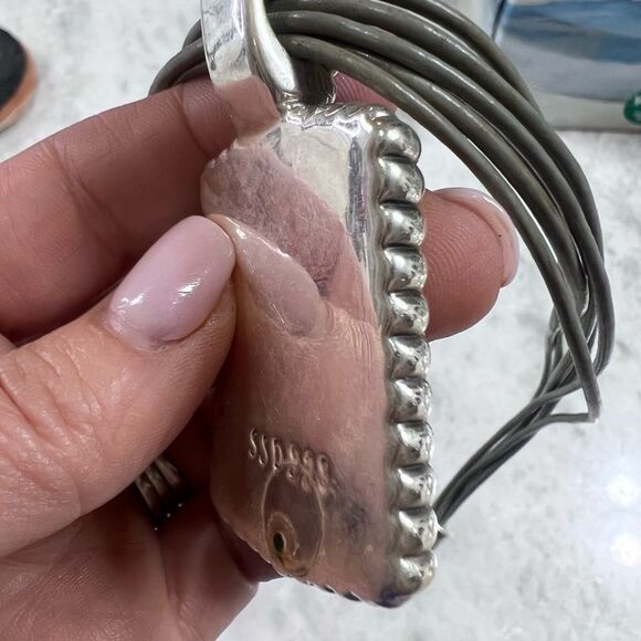 Artisan Olive Leather and Stamped Silver Pendant Necklace - Picture 13 of 15